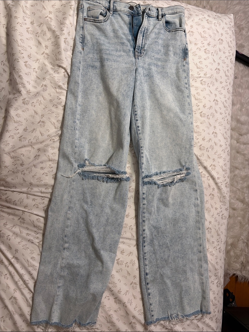 Light Blue High-Rise Distressed Wide-Leg Jeans